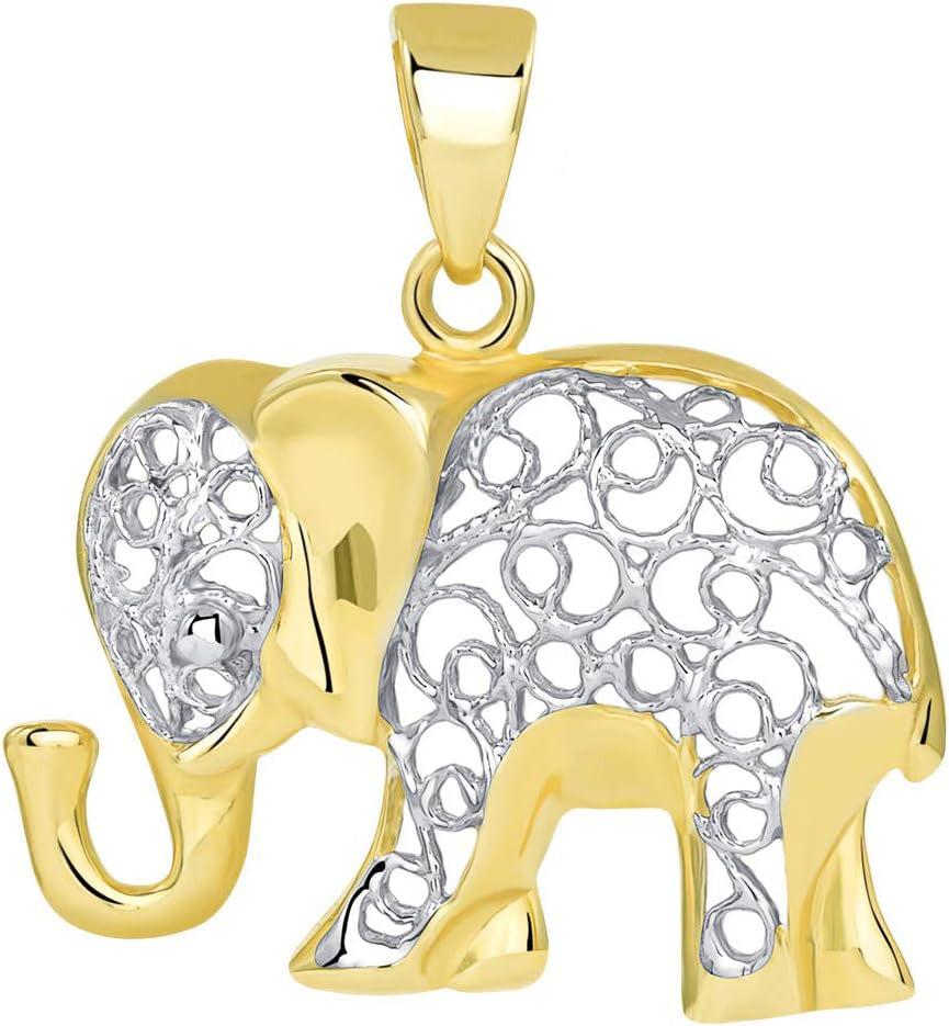 14K Yellow Gold Elegant Filigree Two Tone Elephant Pendant with Cable, Cuban Curb, or Figaro Chain Necklaces