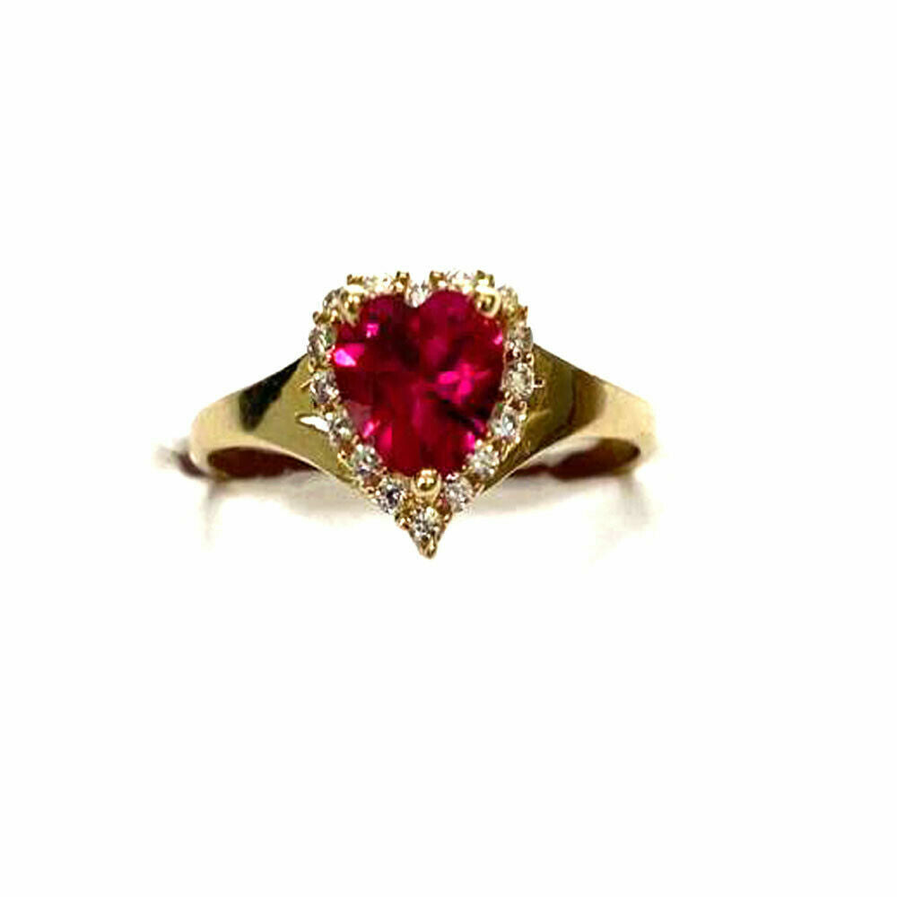14Kt Solid Yellow Gold Women'S Ruby Heart Rig W/ CZ