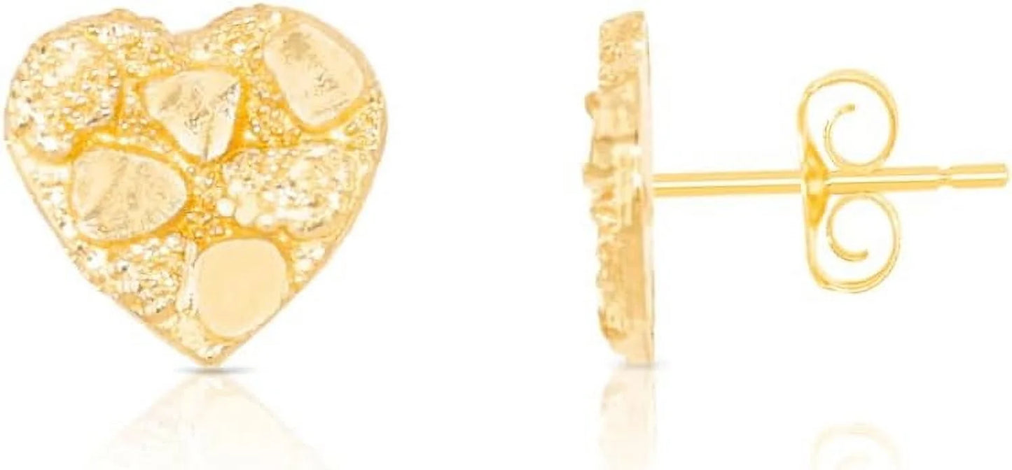 10K Yellow Gold Solid Nugget Heart Earrings