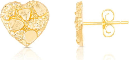 10K Yellow Gold Solid Nugget Heart Earrings