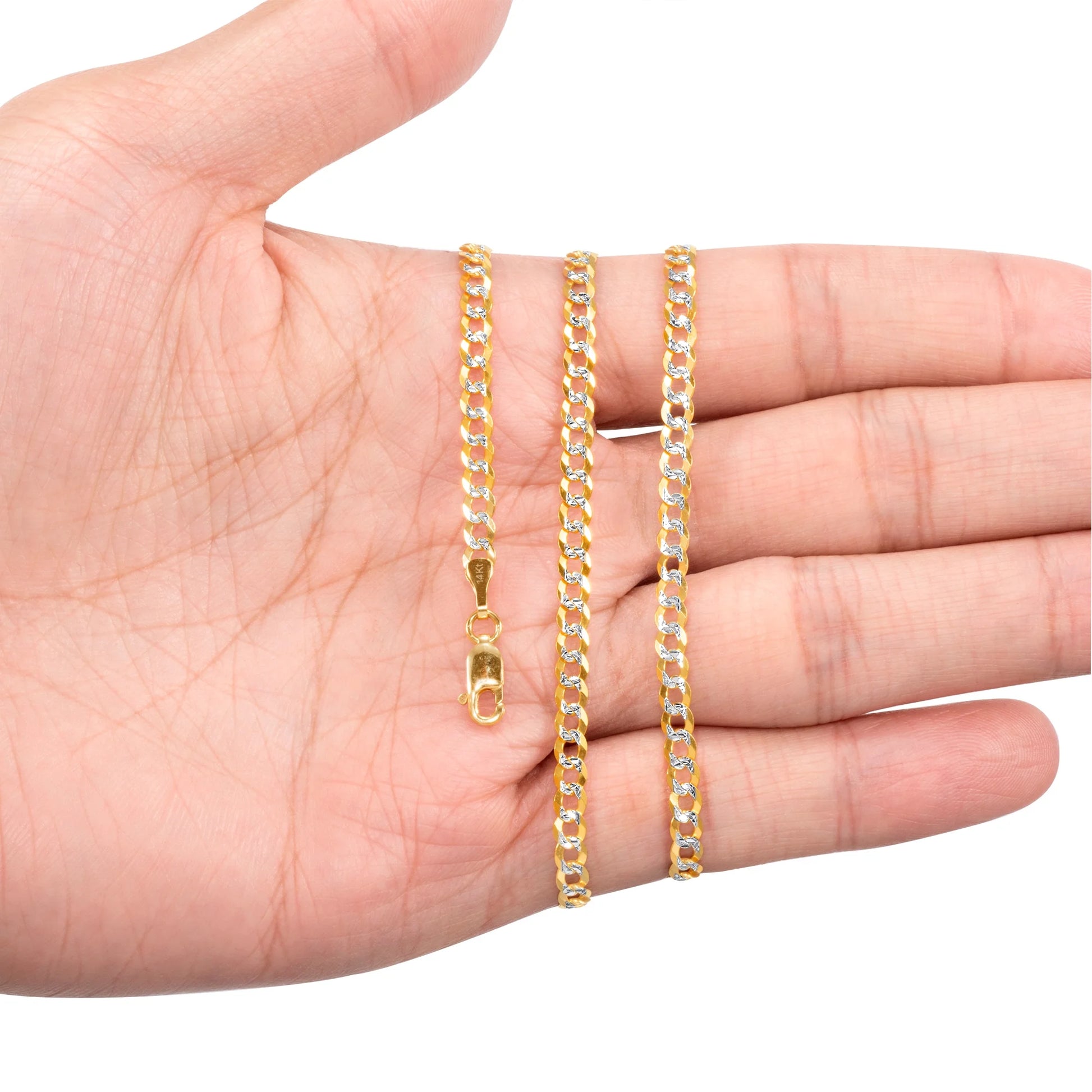 14K Real Yellow Gold Solid Cuban Curb Link 4Mm Diamond Cut Pave Chain Bracelet (7"-9") Two Tone Italian Jewelry for Men & Women