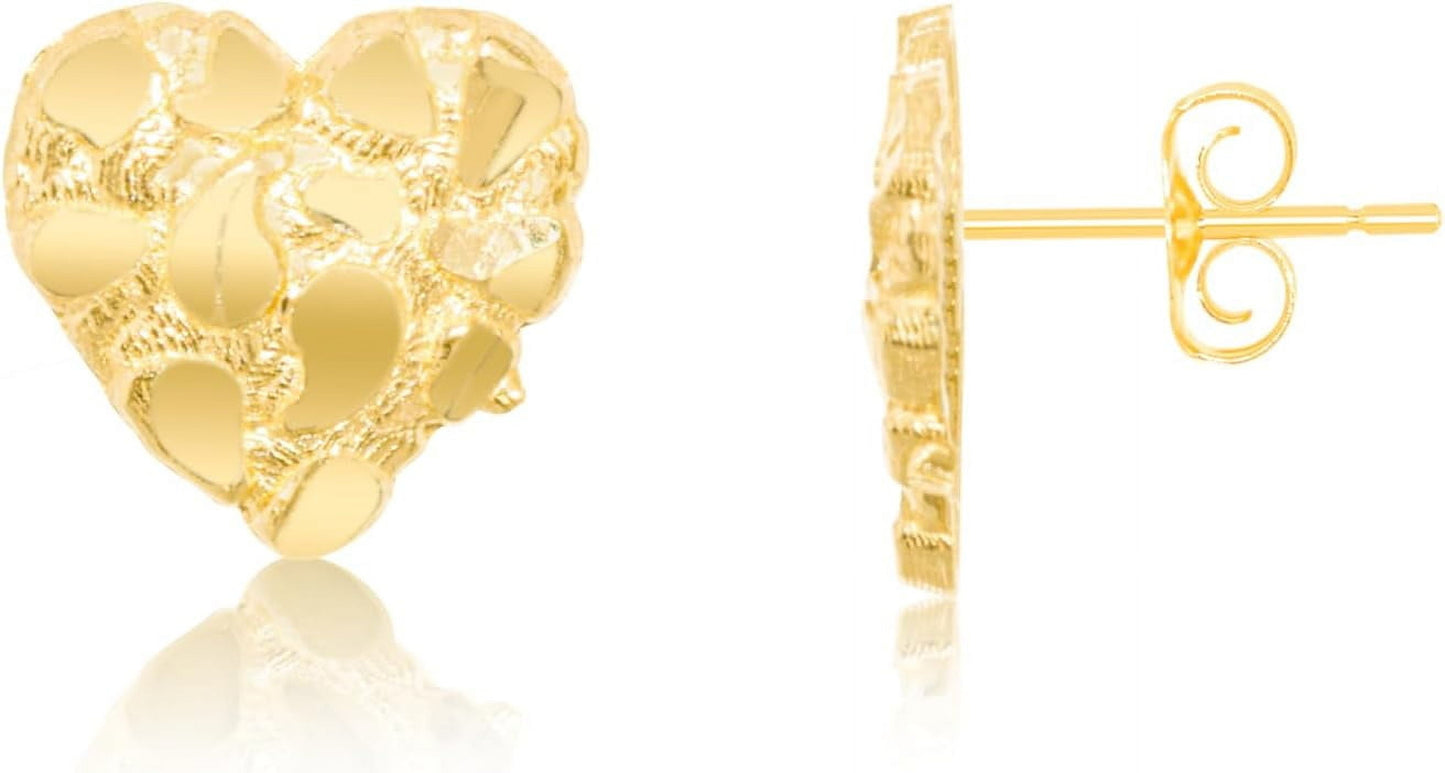 10K Yellow Gold Solid Nugget Heart Earrings