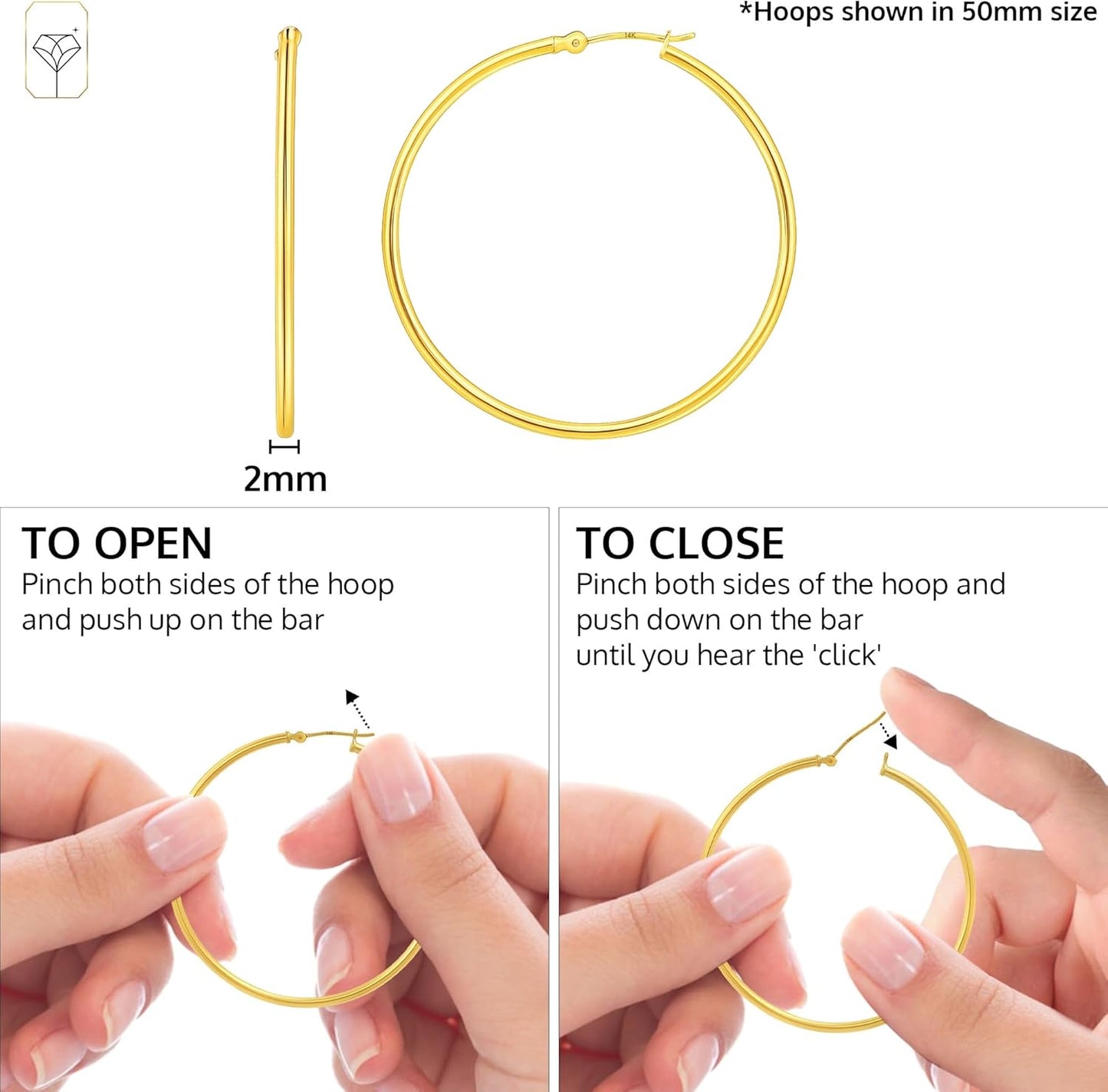 14K Gold Hoop Earrings for Women | Hypoallergenic Small to Large 12MM to 50MM Hoop Earrings with Secure Click Tops |14K Yellow or White Gold Classic Hoops in 2MM Thick Tube by