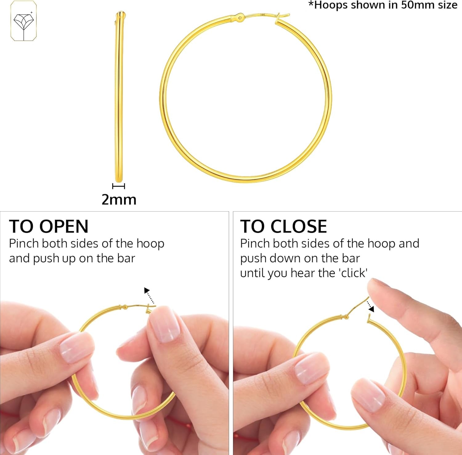 14K Gold Hoop Earrings for Women | Hypoallergenic Small to Large 12MM to 50MM Hoop Earrings with Secure Click Tops |14K Yellow or White Gold Classic Hoops in 2MM Thick Tube by