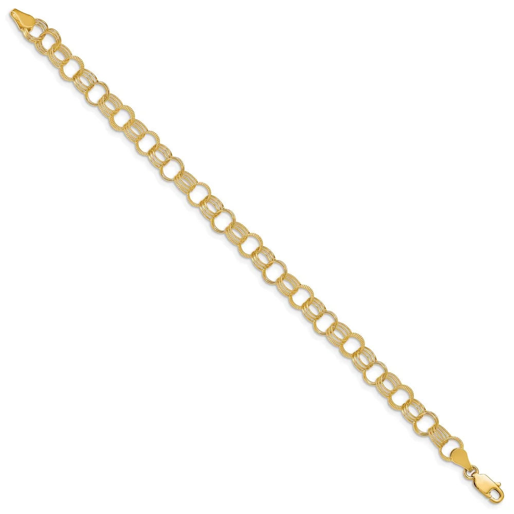 14 Karat Yellow Gold Solid Triple Link Charm Bracelet