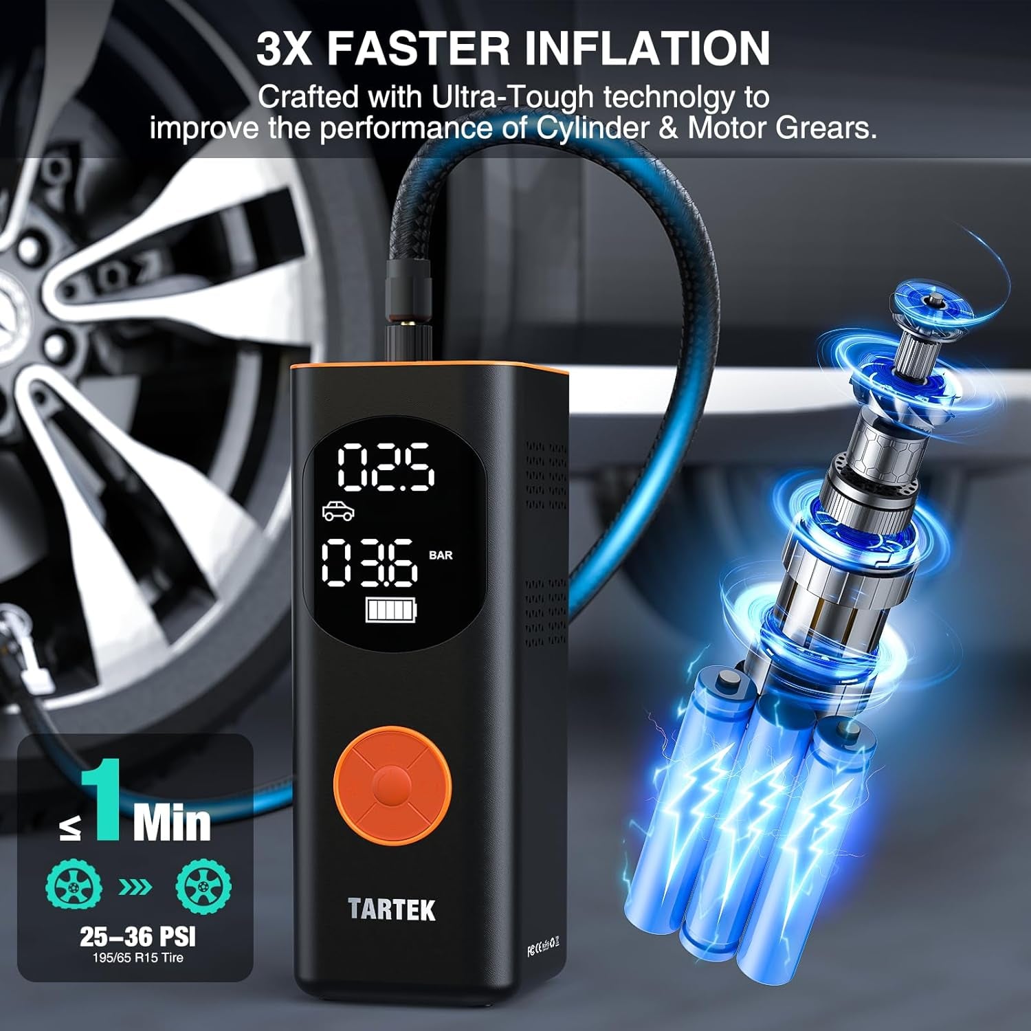 Get back on the road in no time with our Portable Tire Inflator! 💨 3X faster inflation, 160PSI power, and a sleek design for your car, motorcycle, and bike. 🏍️🚴‍♂️ Plus, it comes with a digital screen and carrying case! #TireInflator #RoadTripEssentials
