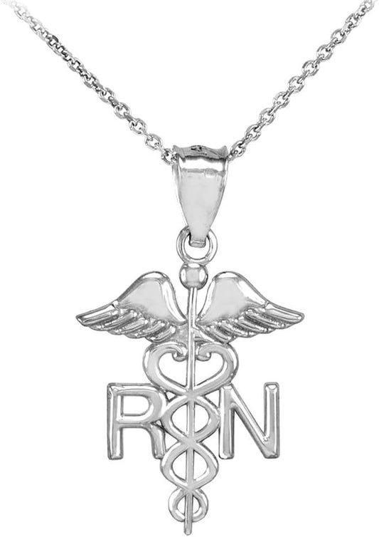 Polished 10K White Gold Caduceus RN Charm Registered Nurse Pendant Necklace, 16"