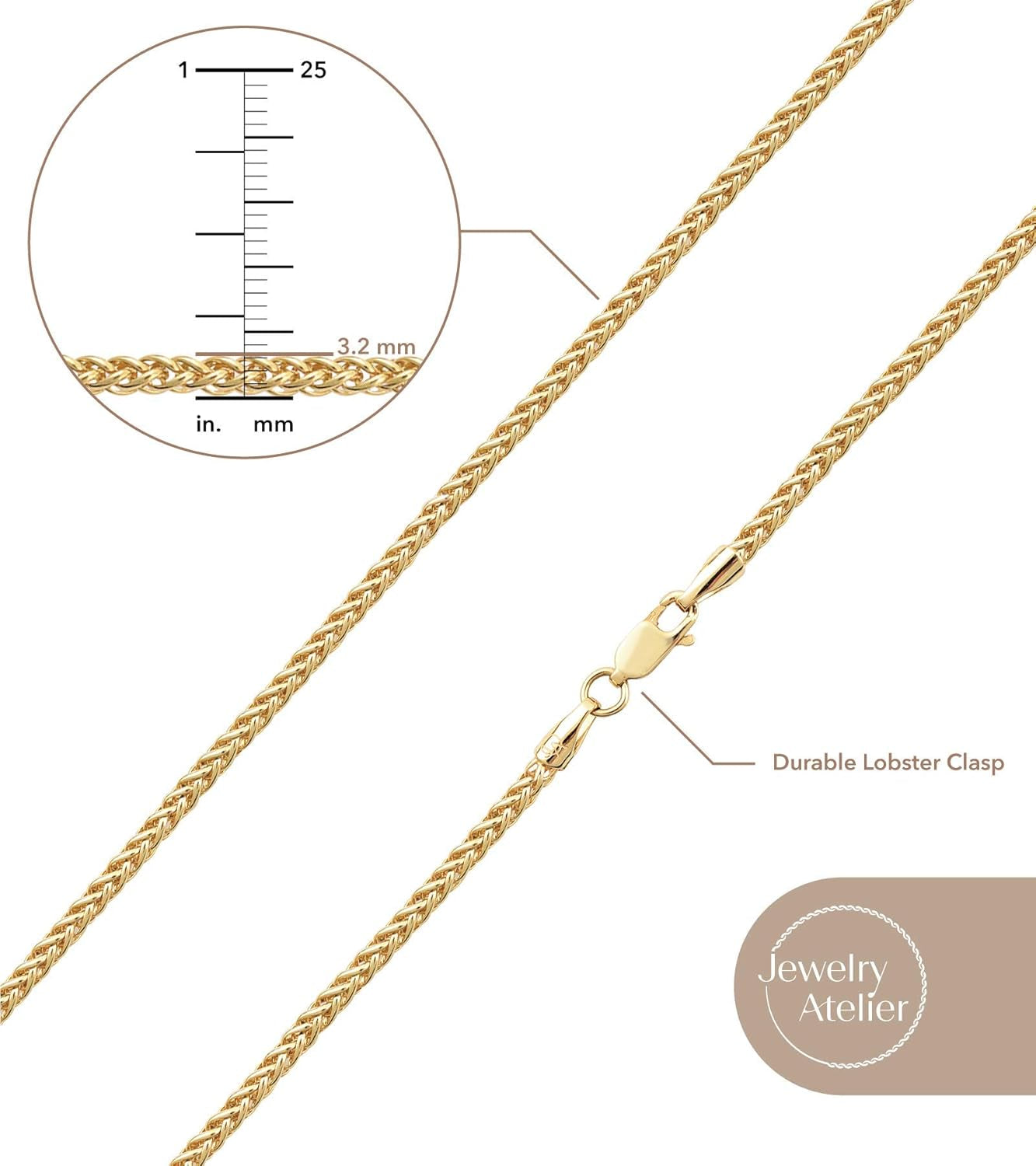 Stunning 14K Solid Yellow Gold Filled Wheat/Palm Chain Necklaces for Men & Women - Available in 2.5mm & 3.2mm Sizes