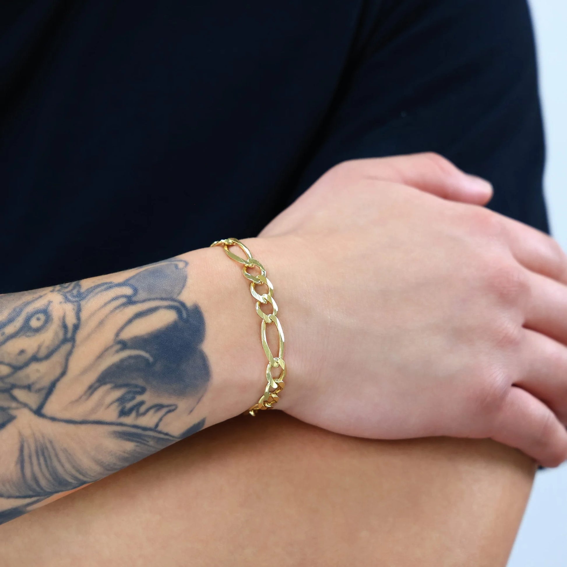 Elevate Your Style with Our 14K Solid Yellow Gold Figaro Link Bracelet for Men - 8mm Thick, Italian Craftsmanship