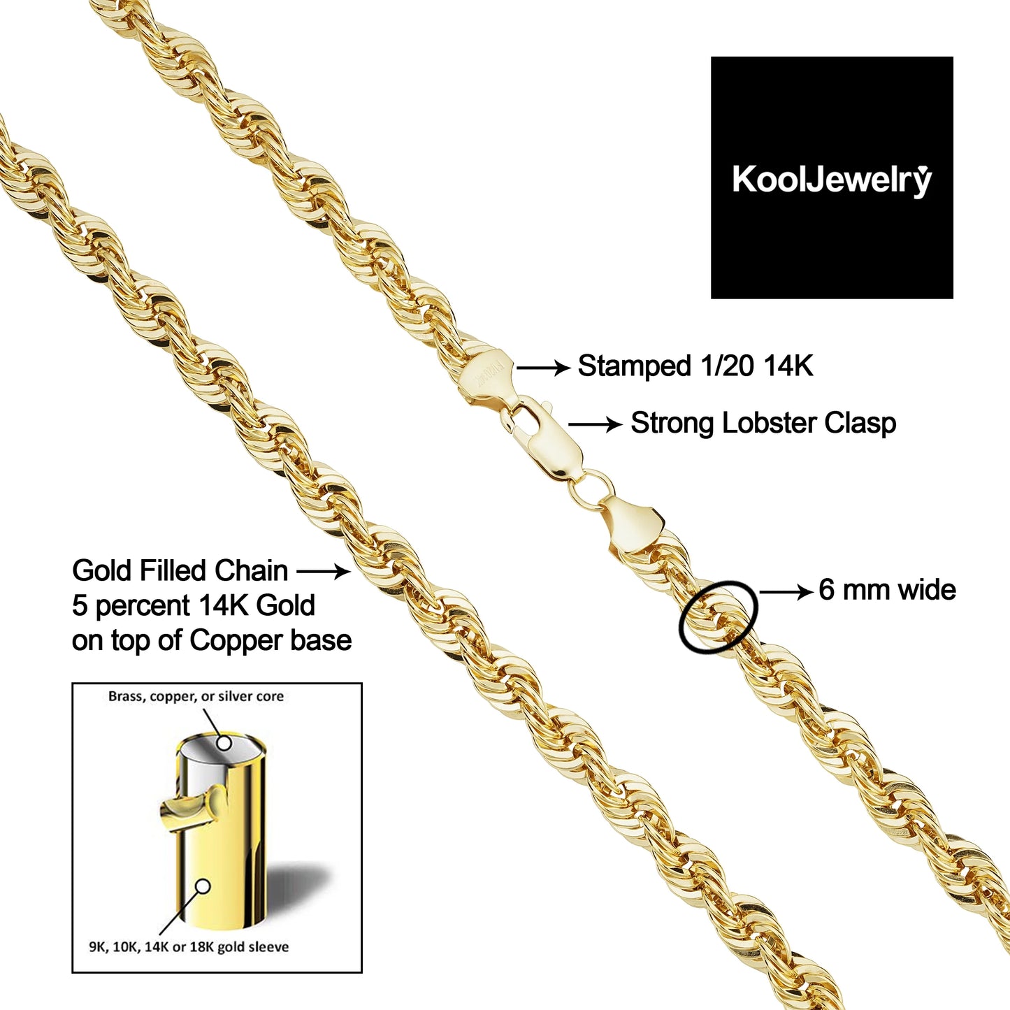 Kooljewelry Solid 14K Yellow Gold Filled Rope Chain Necklace (6 Mm, 22 Inch)