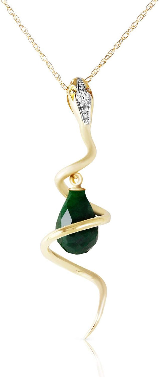 14K Yellow Gold Snake Necklace with Dangling Dyed Green Sapphire and Diamond