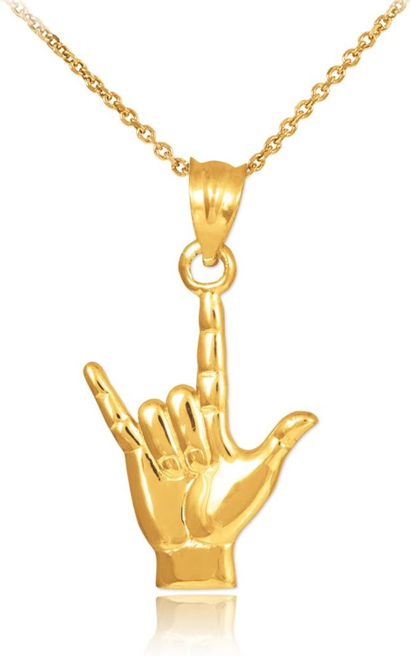 14K Gold I Love You Hand Sign Language Charm Pendant Necklace
