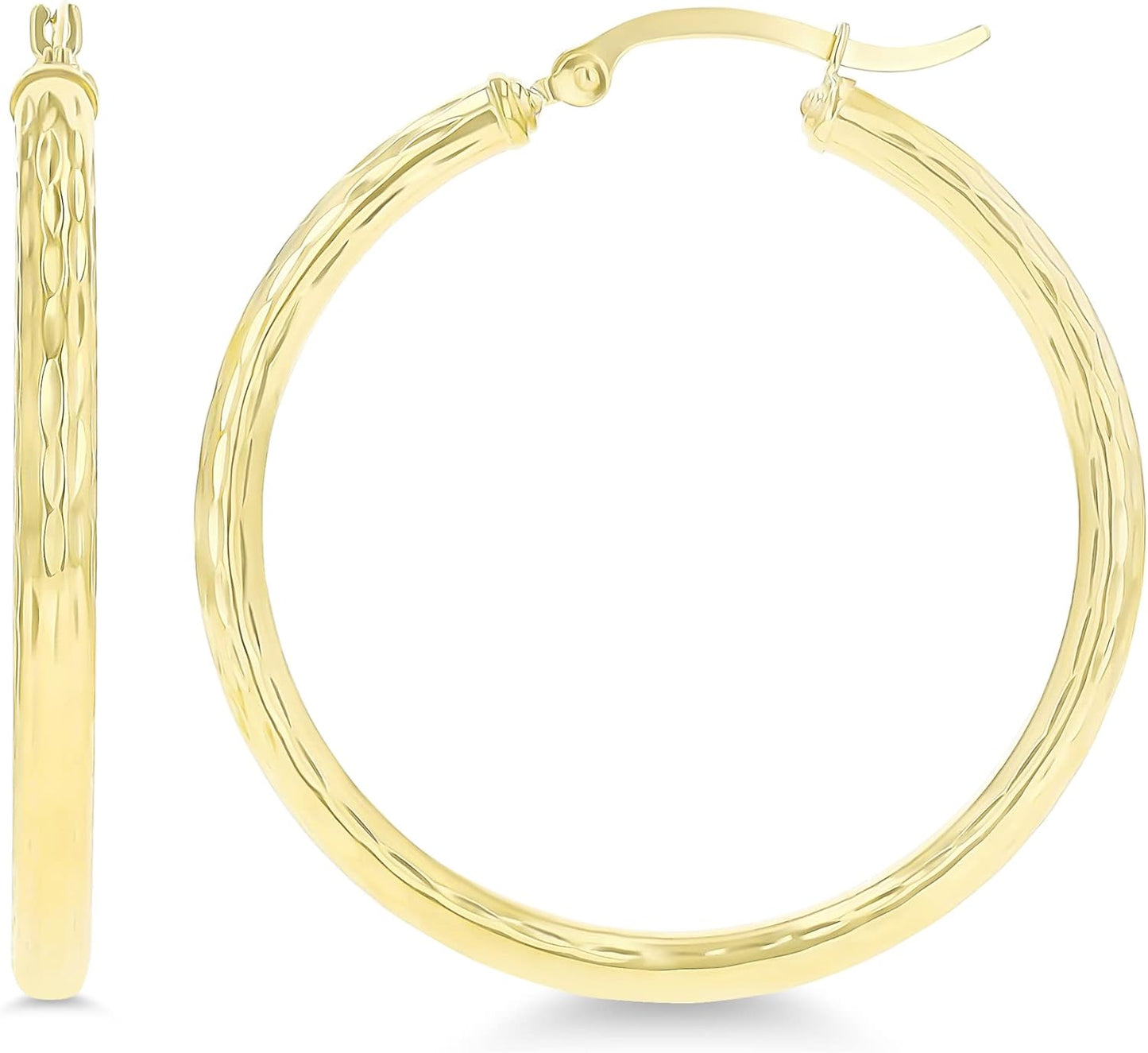 14K Yellow Gold Solid Polished 3Mm Thick Diamond Cut Hoop Earrings for Women | Classic Diamond Cut Italian Gold Hoops with Secure Click Top, 20Mm-60Mm