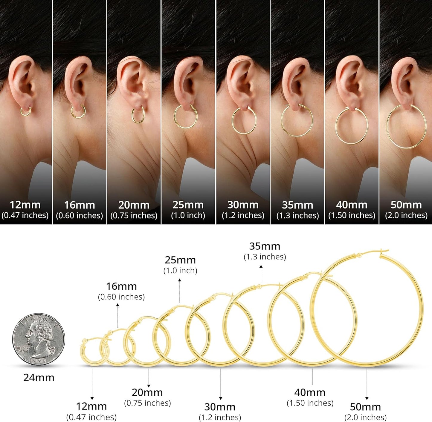 14K Gold Hoop Earrings for Women | Hypoallergenic Small to Large 12MM to 50MM Hoop Earrings with Secure Click Tops |14K Yellow or White Gold Classic Hoops in 2MM Thick Tube by