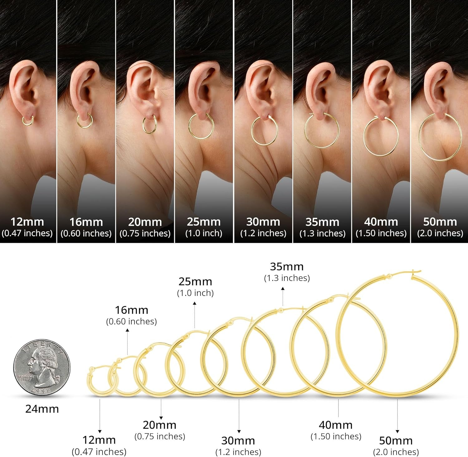 14K Gold Hoop Earrings for Women | Hypoallergenic Small to Large 12MM to 50MM Hoop Earrings with Secure Click Tops |14K Yellow or White Gold Classic Hoops in 2MM Thick Tube by