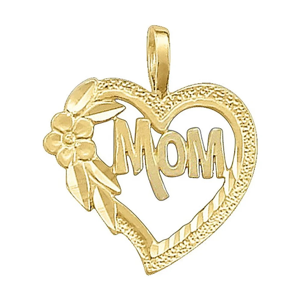 14K Yellow Gold 'Mom' Floral Heart Pendant with 20" Chain Necklace