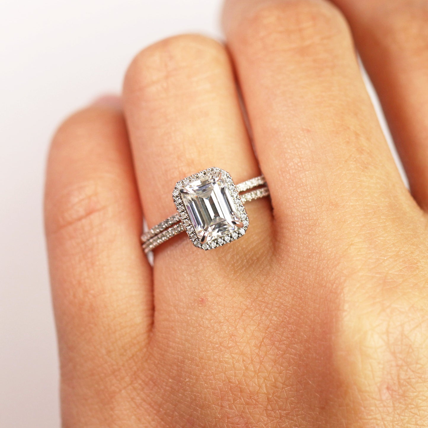 2 Carat Emerald Cut Moissanite and Diamond Halo Pave Bridal Wedding Ring Set in 10K White Gold