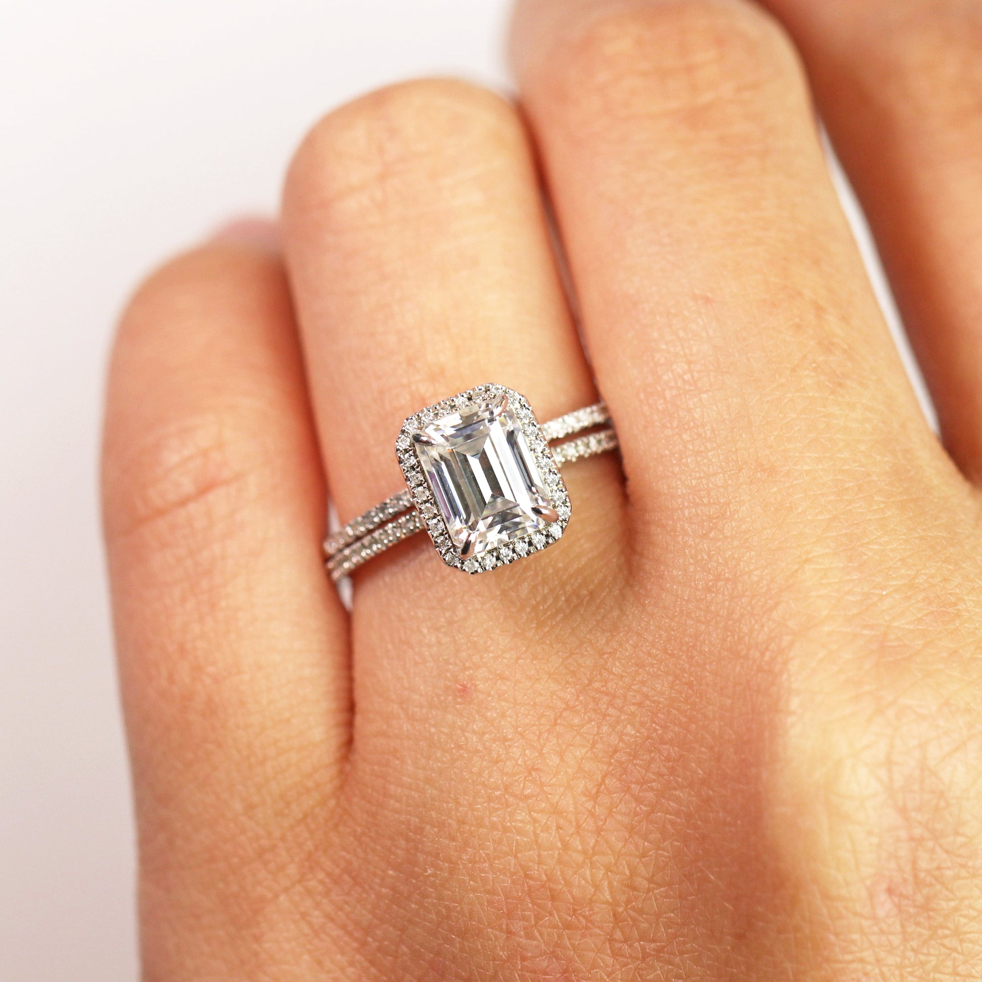 2 Carat Emerald Cut Moissanite and Diamond Halo Pave Bridal Wedding Ring Set in 10K White Gold