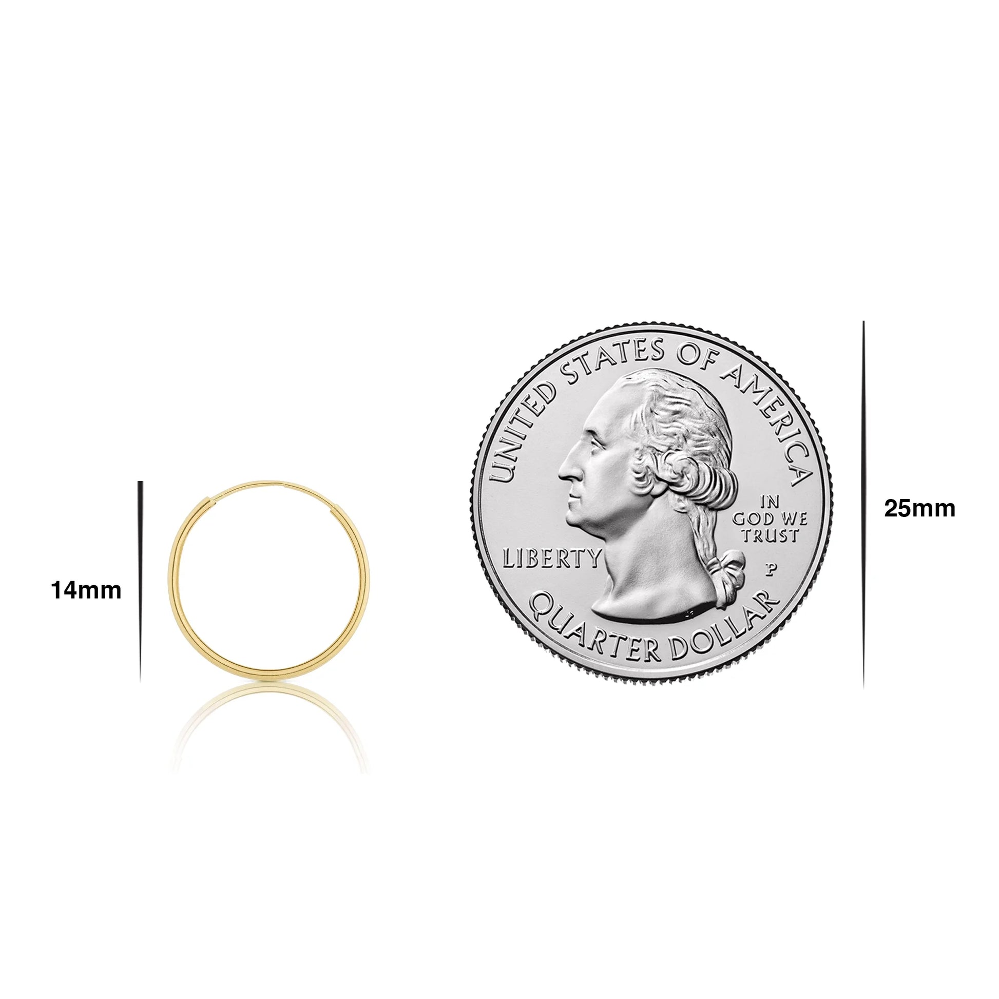 14K Yellow Gold Women'S Endless Tube Hoop Earrings 1Mm Thick X 14Mm Diameter