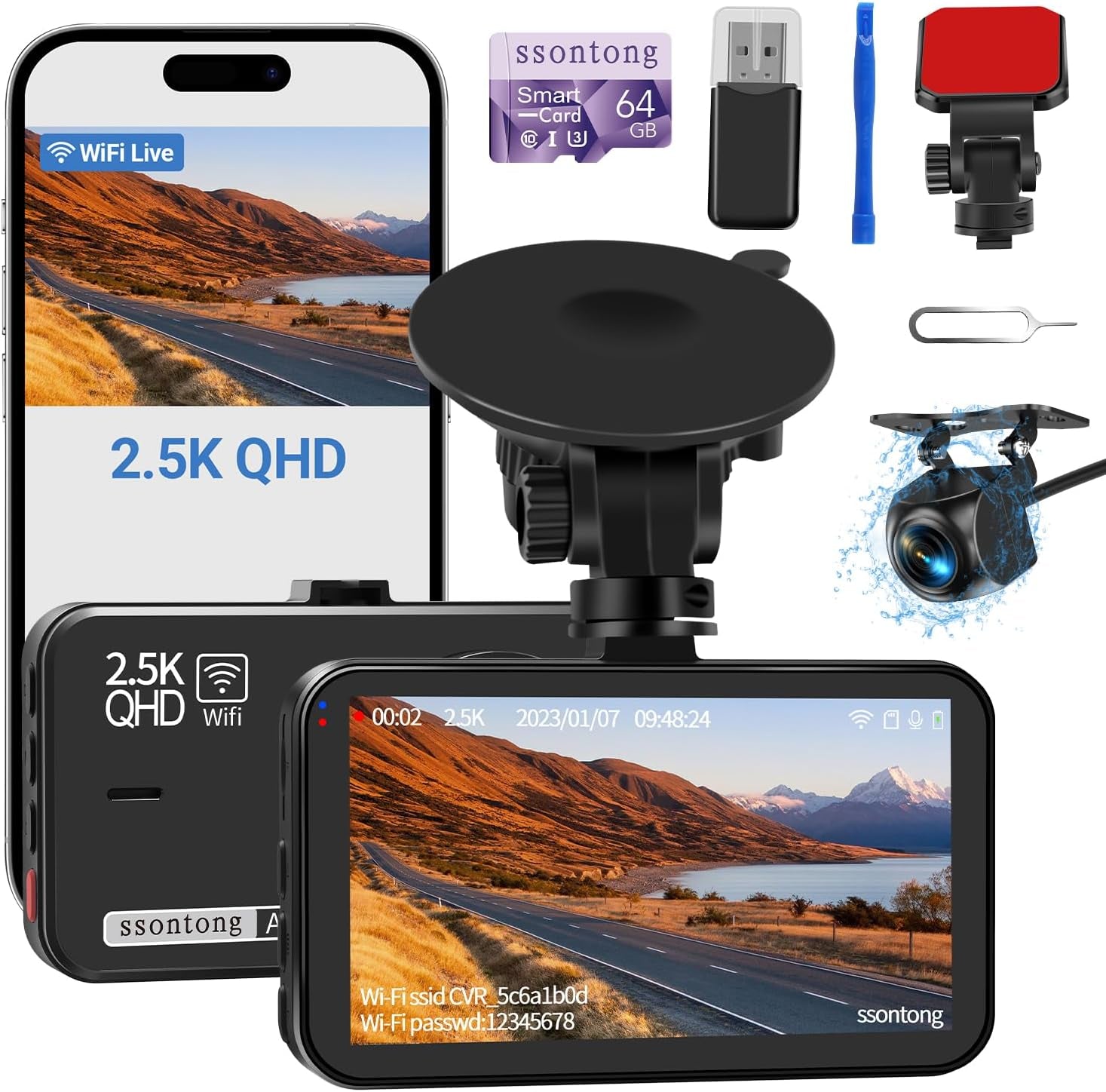 Capture Every Moment on the Road! 🚗💨 Dual Dash Cam with Front & Rear View, Super Night Vision, and WiFi Control + 64GB Card Included! 📸✨