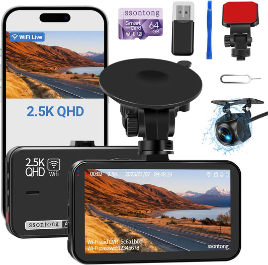 Capture Every Moment on the Road! 🚗💨 Dual Dash Cam with Front & Rear View, Super Night Vision, and WiFi Control + 64GB Card Included! 📸✨