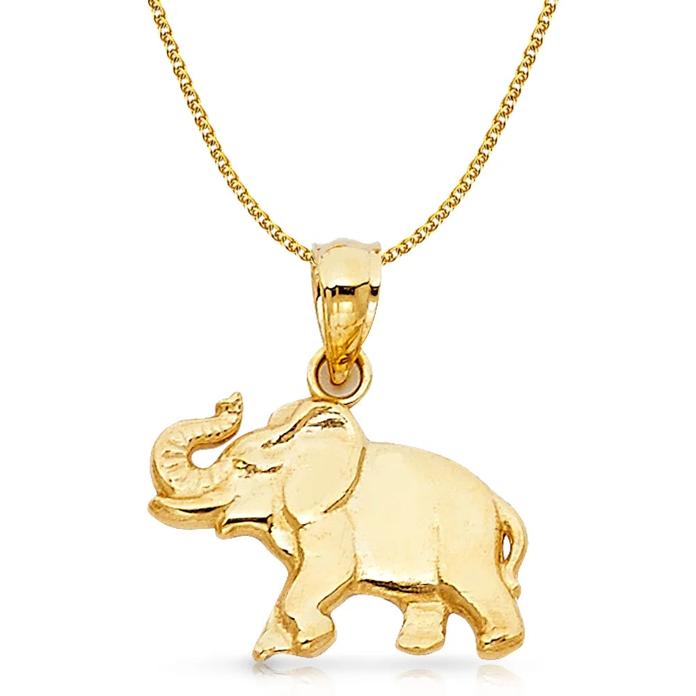 14K Yellow Gold Elephant Charm Pendant with 1.4Mm Flat Open Wheat Chain Necklace