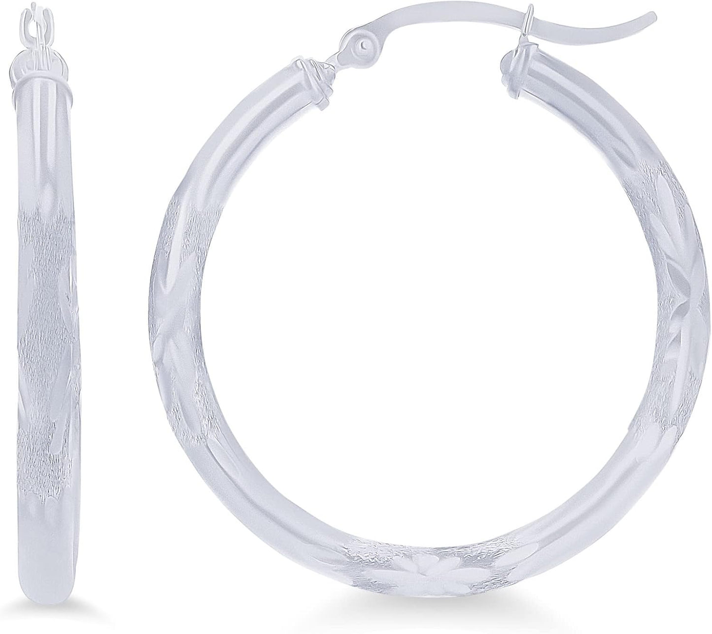 14K Yellow or White Gold 3Mm Solid Polished Diamond Cut Hoop Earrings for Women | 3Mm Thick Italian Gold Diamond Cut Hoops | Shiny Polished Earrings, 15Mm-90Mm