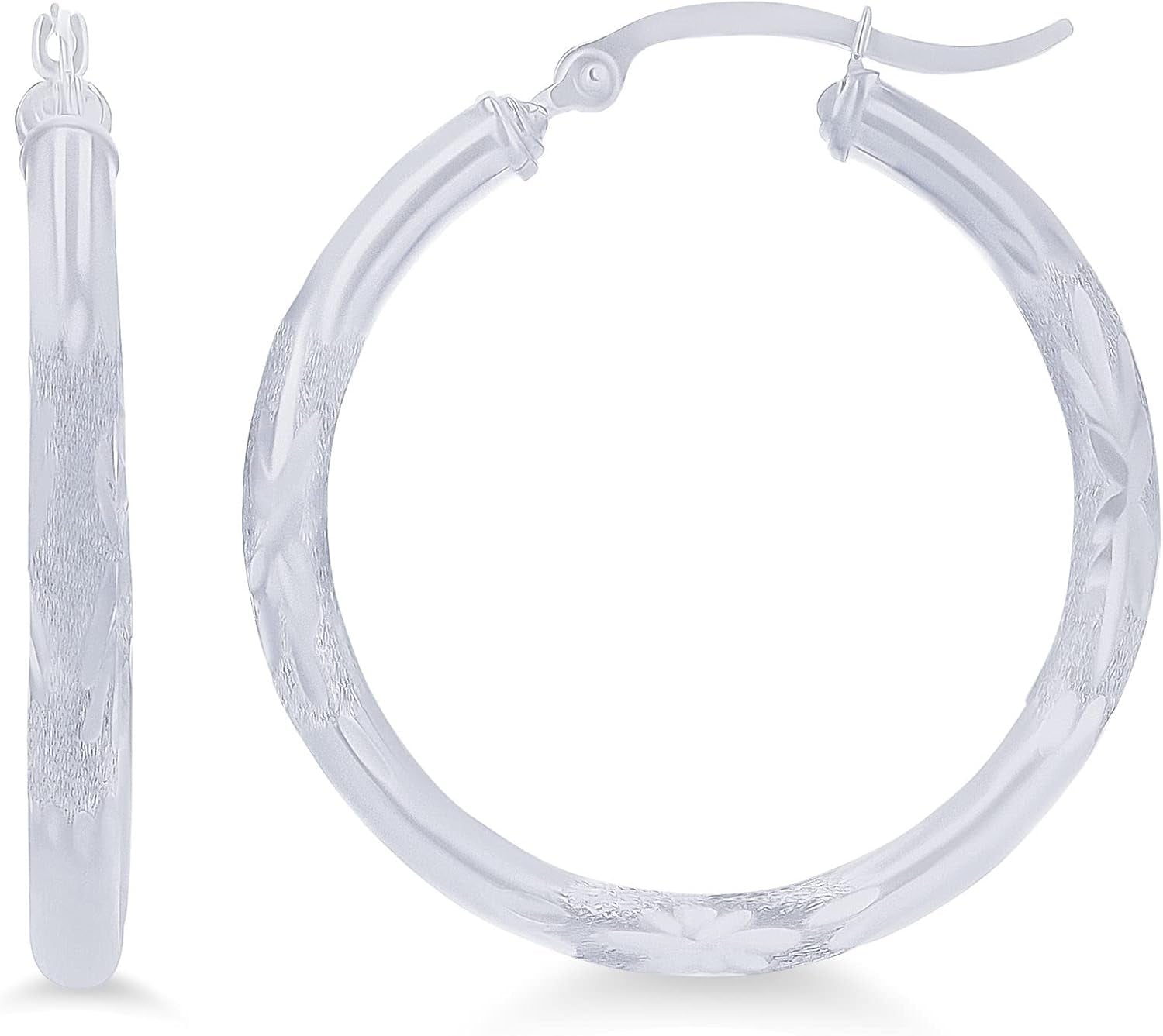 14K Yellow or White Gold 3Mm Solid Polished Diamond Cut Hoop Earrings for Women | 3Mm Thick Italian Gold Diamond Cut Hoops | Shiny Polished Earrings, 15Mm-90Mm