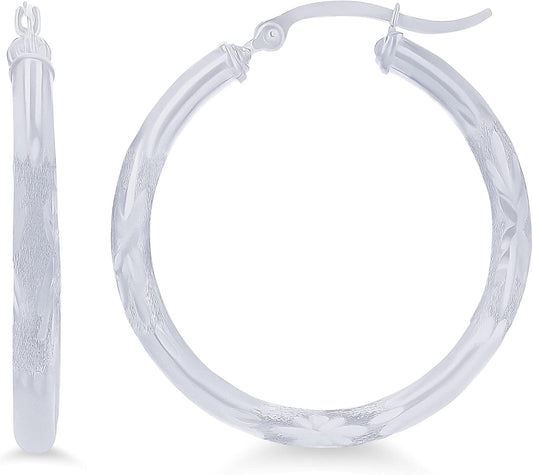 14K Yellow or White Gold 3Mm Solid Polished Diamond Cut Hoop Earrings for Women | 3Mm Thick Italian Gold Diamond Cut Hoops | Shiny Polished Earrings, 15Mm-90Mm