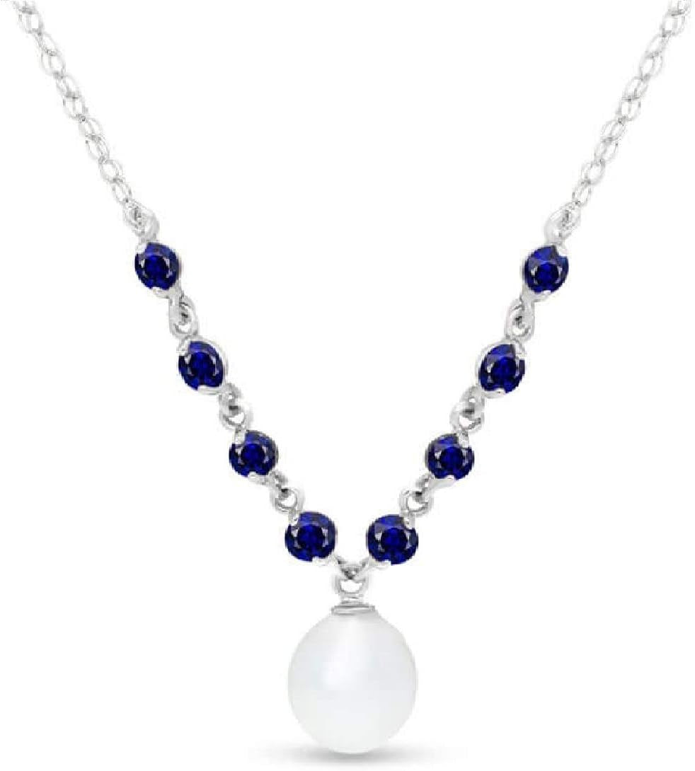 5 CTW 14K Solid White Gold Necklace with Natural Sapphires and Freshwater-Cultured Pearl
