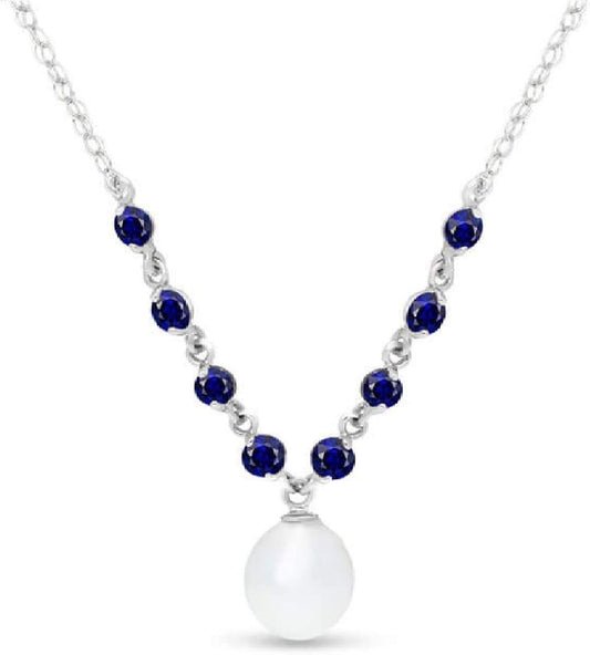 5 CTW 14K Solid White Gold Necklace with Natural Sapphires and Freshwater-Cultured Pearl
