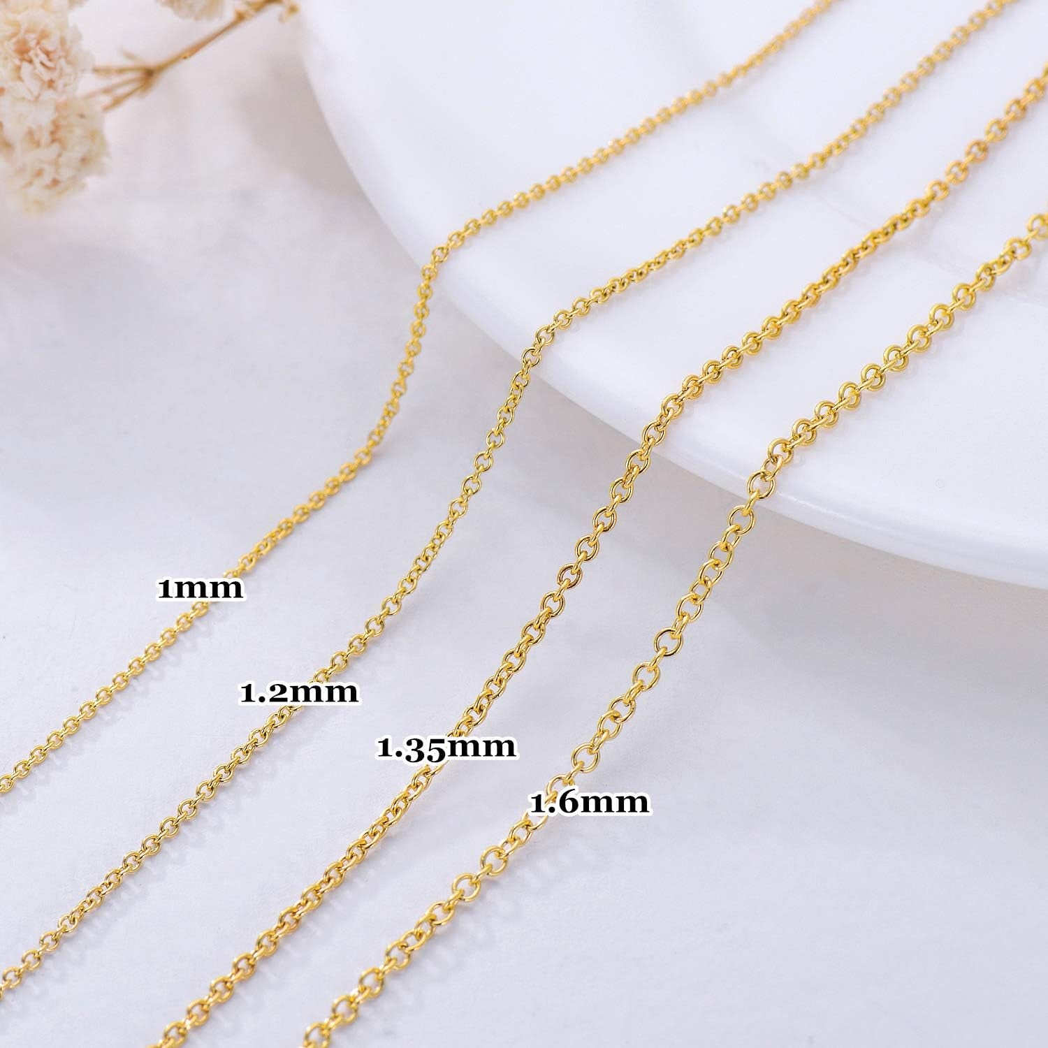 10K 14K 18K Real Gold Thin Gold Chain Necklace for Women, Classic Thin Cable Chain Necklace 1Mm, 1.2Mm, 1.35Mm, 1.6Mm, 1.75Mm Durable Strong Solid 14K Gold Chain Necklace Women