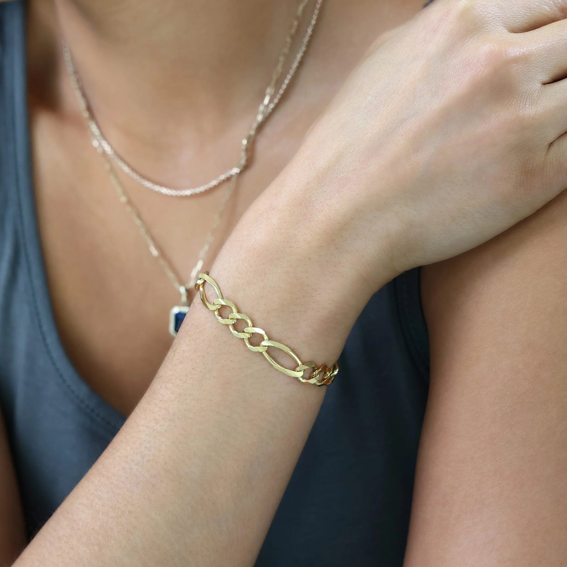 Elevate Your Style with Our 14K Solid Yellow Gold Figaro Link Bracelet for Men - 8mm Thick, Italian Craftsmanship