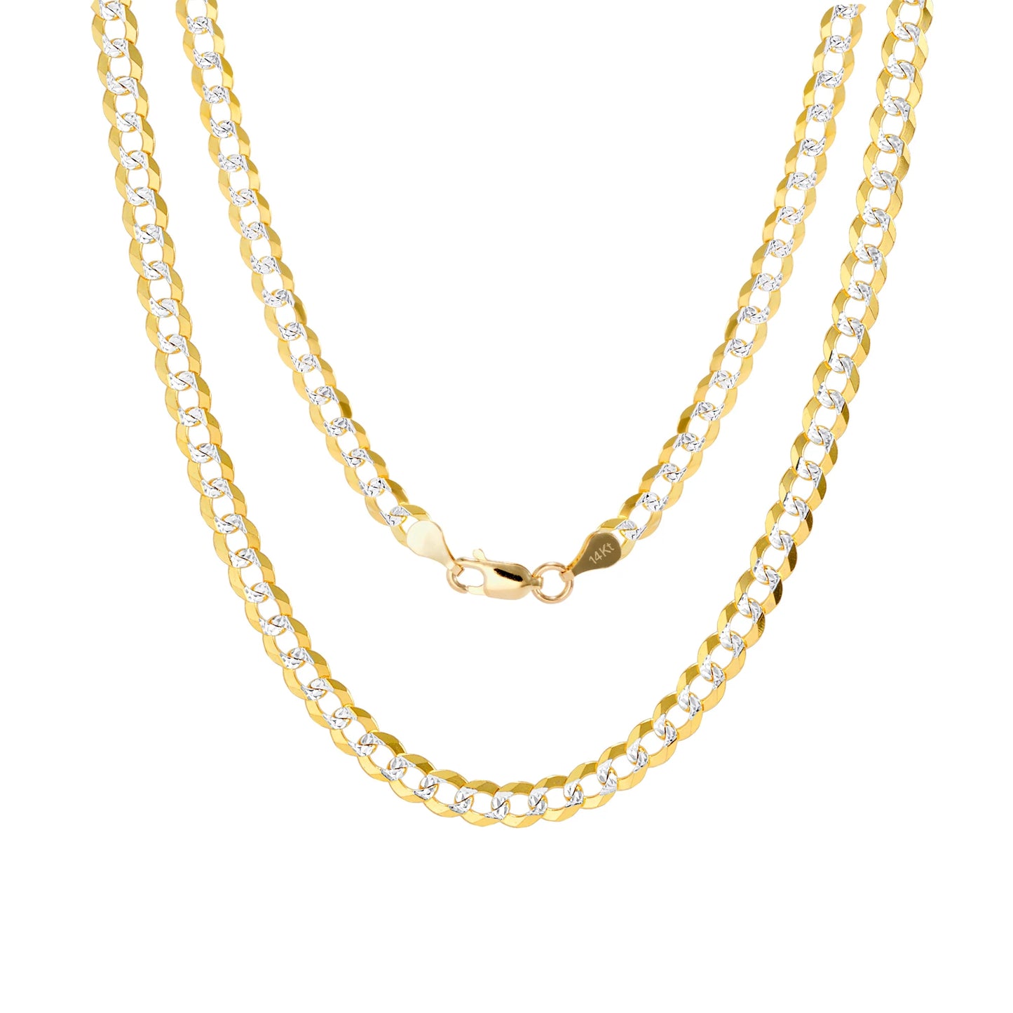 14K Real Yellow Gold Solid Cuban Curb Link 5Mm Diamond Cut Pave Chain Necklace (16"-30") Two Tone Italian Jewelry for Men & Women