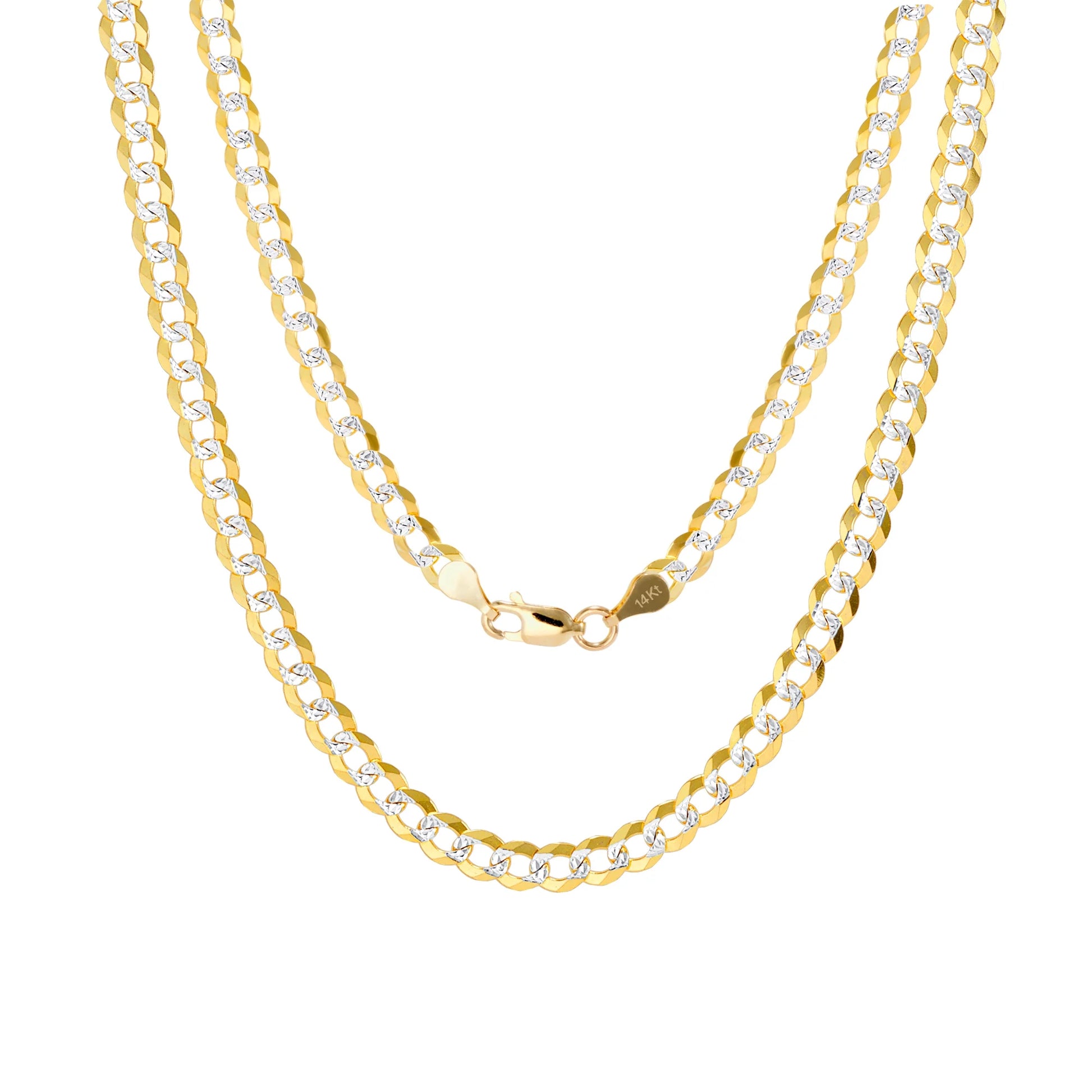 14K Real Yellow Gold Solid Cuban Curb Link 5Mm Diamond Cut Pave Chain Necklace (16"-30") Two Tone Italian Jewelry for Men & Women
