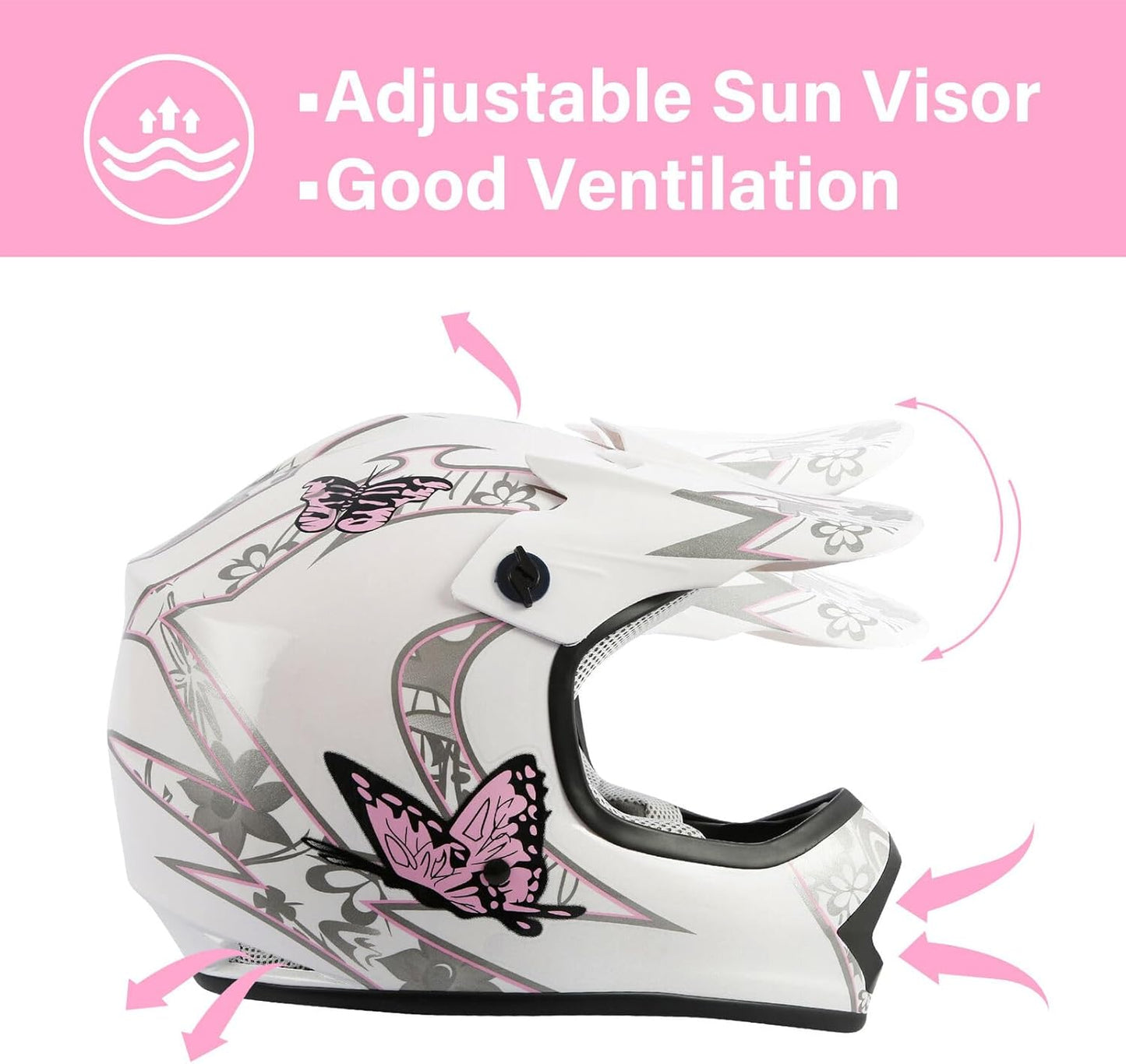 Brighten up your little one's rides with our Pink Butterfly Full Face Helmet! Perfect for motocross, ATV adventures, and go-kart fun. Safety meets style for the ultimate off-road experience! 🦋💖 #KidsHelmets #AdventureAwaits