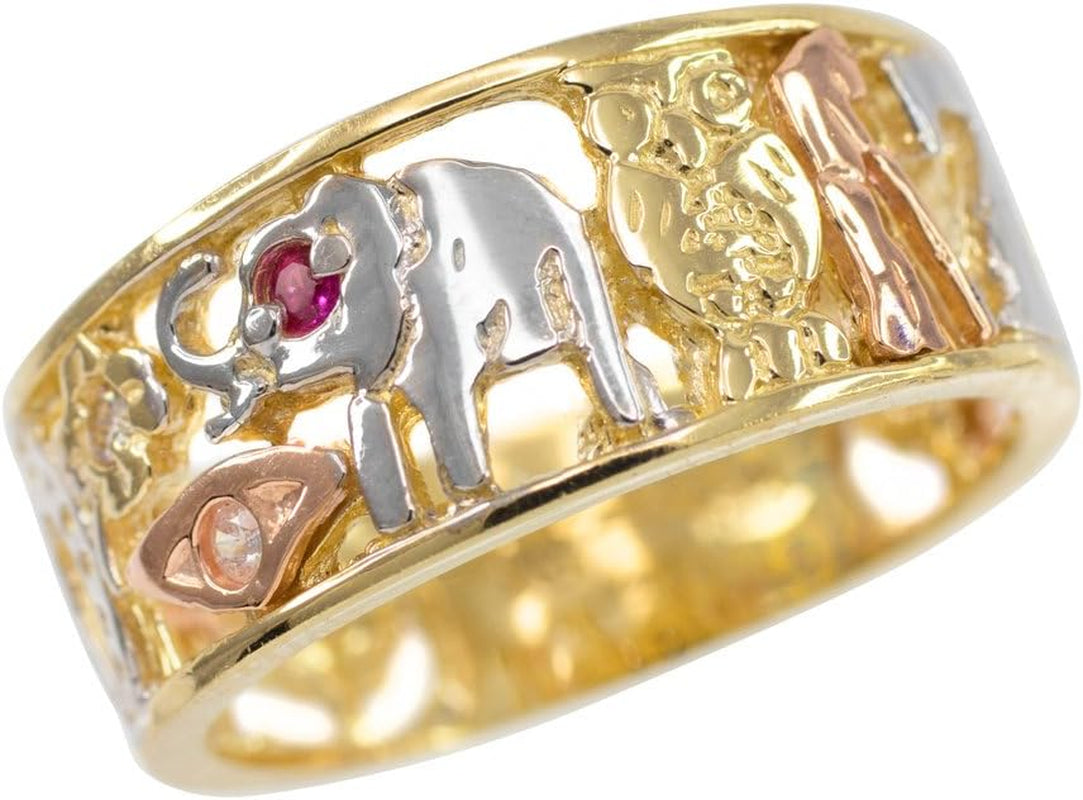 10K Tri-Tone Gold Open Design Cz-Studded Good Luck Charm Ring