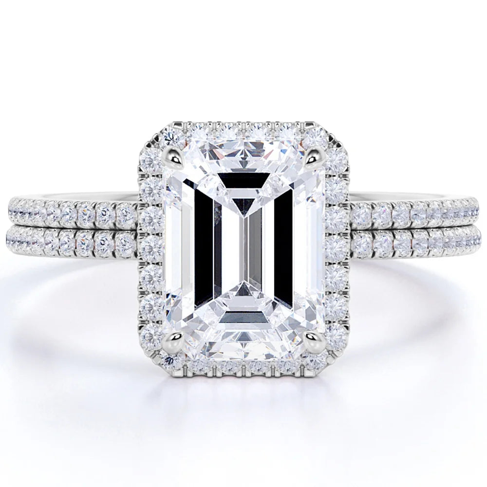 2 Carat Emerald Cut Moissanite and Diamond Halo Pave Bridal Wedding Ring Set in 10K White Gold