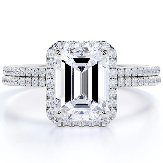 2 Carat Emerald Cut Moissanite and Diamond Halo Pave Bridal Wedding Ring Set in 10K White Gold