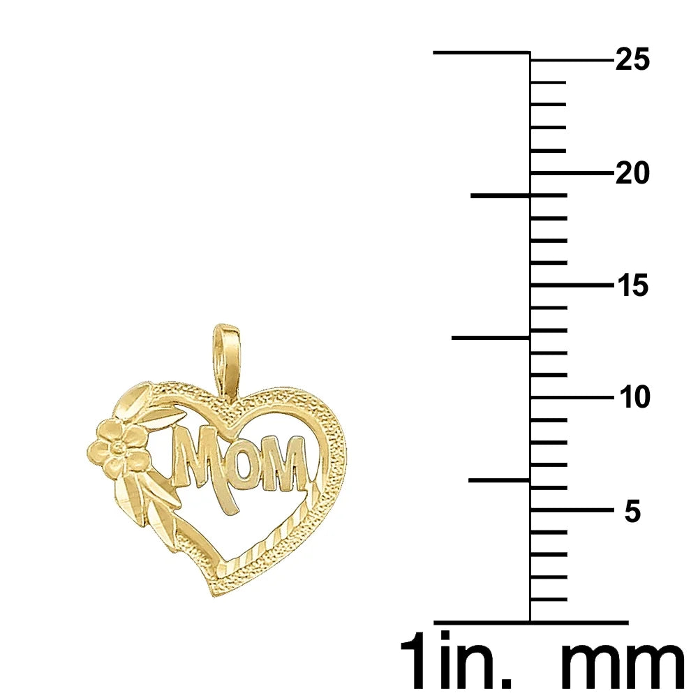 14K Yellow Gold 'Mom' Floral Heart Pendant with Square Wheat Chain
