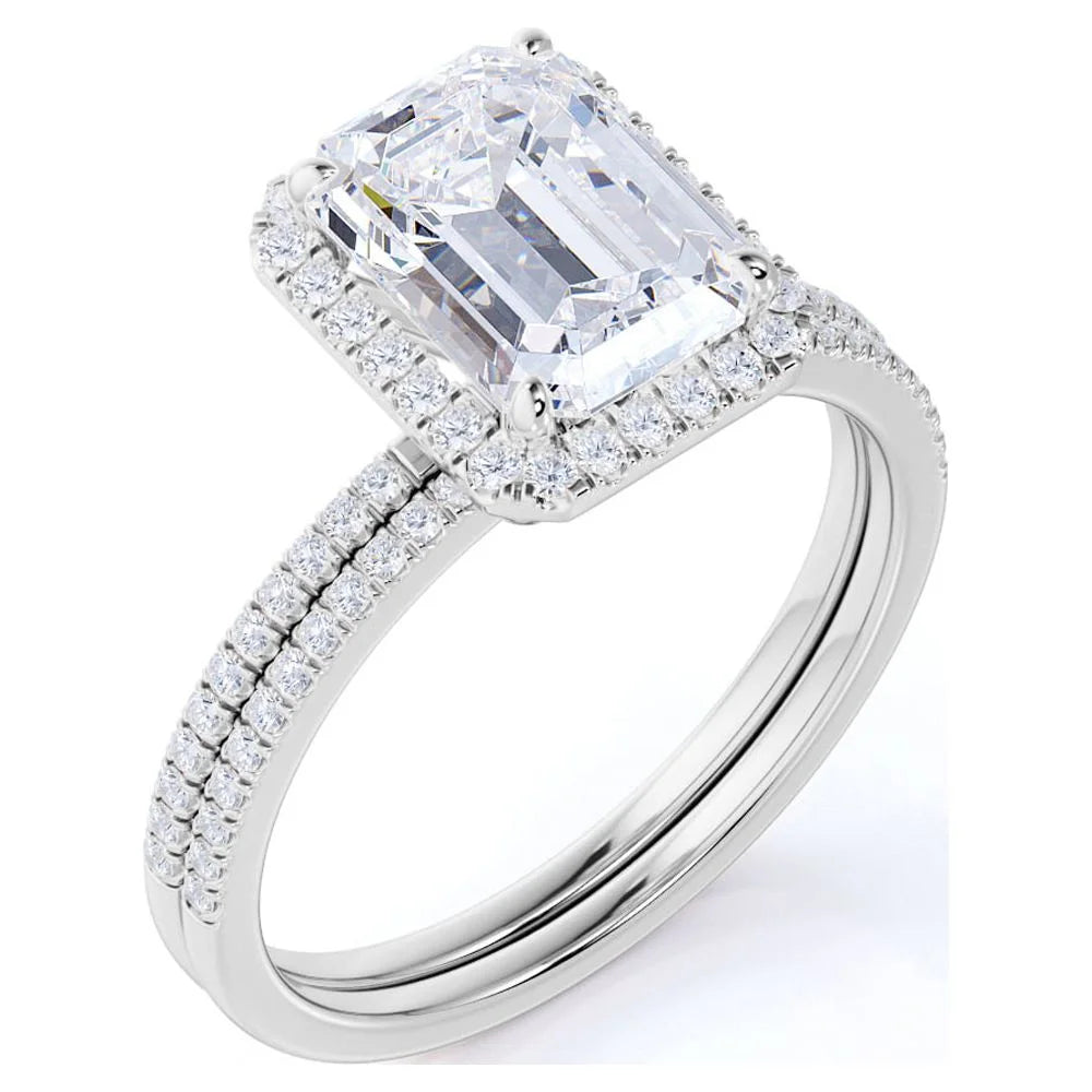 2 Carat Emerald Cut Moissanite and Diamond Halo Pave Bridal Wedding Ring Set in 10K White Gold